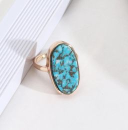Cluster Rings Fashion Oval Hexagon Kallaite Healing Crystal Blue Stone Ring Geometric Gold Plated Finger For Women Jewelry Gift8782236