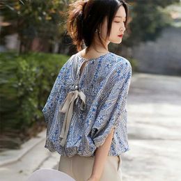 Women's T-Shirt MEXZT Elegant Sleeveless Womens Retro Bow Printed Shirt Office Womens Summer Korean Bat Sleeves Casual Full Match Unique TopL2405