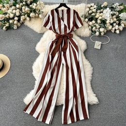 YuooMuoo Women Casual Short Sleeve Stripes Print Long Jumpsuit Lady Elegant Wide Leg Jumpsuits Summer Clothes for Woman 240424