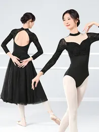 Stage Wear Grapevine Black Leotard For Women With Stretch Lace Tank Top Long Sleeves Nylon Spandex Ballet Costume Open Back Bodysuit Sexy