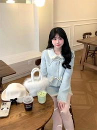 Work Dresses Korean Sweet Doll Neck Woollen Coat Skirt Two Piece Set Women Fashion Bow Plush Splice Soft Gentle Temperament Winter Slim Suit