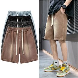 Straight Jeans Shorts High Street Functional Five-Minute Pants Drawstring Solid Colour Casual Fashion Thin Section Mens Clothing 240429