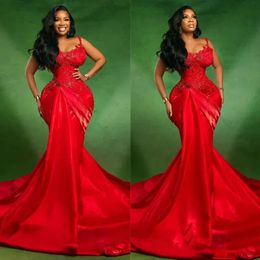 드레스 Mermaid 2024 Red Evening Lace Applique Beaded Spaghetti Straps 맞춤형 스윕 트레인 공식 OCN Wear Arabic Prom Gown restidos