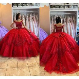 Beaded Applique Lace Sequins Red Dresses Quinceanera Off The Shoulder Tiered Sweep Train Custom Made Tulle Sweet 15 16 Princess Pageant Ball Gown Vestidos