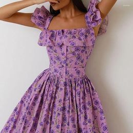 Casual Dresses Sexy Square Neck Flying Sleeve Long Dress Elegant Floral Print Hight Waist Party Women Fashion Button Pleated Bohe