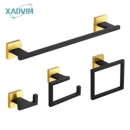 Set Matte Black Gold Bathroom Accessories Set Wall Towel Holder Roll Paper Holder Towel Ring Robe Hook Stainless Steel Hardware Set