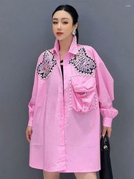 Women's Blouses Qing Mo 2024 Spring/Summer Shirt Long Sleeved Large Pocket Nailed Beads With Diamonds Loose HLX031A