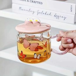Tumblers 1pc Butterfly Glass Coffee Mug With Lid And Spoon Heat Resistant Mugs Cute Girly Water Cups Summer Drinkware H240506