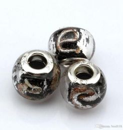 100 Pcs Black Gold Silver Foil Alphabet quotequot lampwork Glass Big Spacers Hole Beads Fit Beaded Bracelet5750215