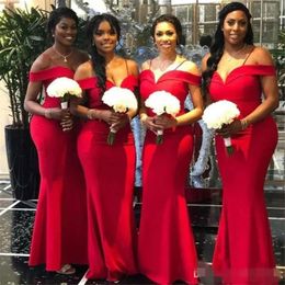 Bridesmaid Spaghetti Mermaid Red Dresses Straps 2020 Off The Shoulder Floor Length Custom Made Plus Size Maid Of Honor Gown Country Wedding