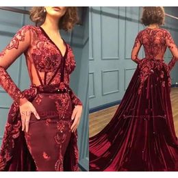 V Dresses Designer Prom Bury Neck Illusion Bodice Back Overskirt Veet Long Sleeves Sequins Evening Party Gowns Formal Ocn Wear eet