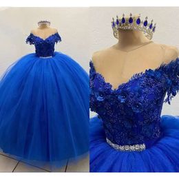 구슬 Quinceanera Royal Blue Blue Crytal 3D Floral 레이스 아플리케 어깨 캡 슬리브 컷 Made Sweet 16 Prince Prom Pageant Ball Gown