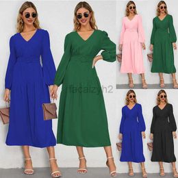 Basic Casual DressesWomen's Autumn and Winter V-neck Solid Color Lace up Dress Solid Color Slim Fit Long Dress New Style Plus Size Dress