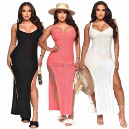 Basic Casual Dresses Women's New Product Spring/Summer Beach V-neck Long Dress Knitted Split Open Back Sexy Dress Plus Size Dress