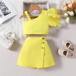 Clothing Sets Kids Baby Girls Summer 2-piece Outfits Ruffles Sleeve One-Shoulder Crop Tops With Skirt Shorts Fashion Clothes Suits