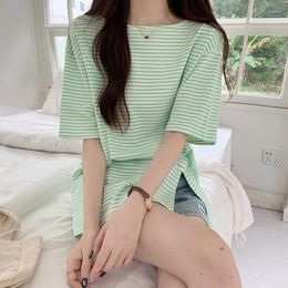 Women's T Shirts 2024 Cotton Striped S Short Sleeve O-Neck Casual Loose Bottoming Split Green Long Tops Female