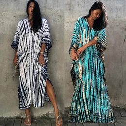 Blue Striped Halo DyeD Long Skirt Beach Vacation Robe Bikini SwimSuit Cover Up Sun Protection Shirt For Women