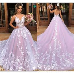 Dresses Pink Gown Wedding Bridal A Line Illusion Covered Buttons Lace Applique Sleeveless Sweep Train Custom Made Beach Garden Vestido De Novia pplique