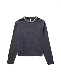Women's Sweaters Girls 2024 Casual Long Sleeve Black Elastic SweatersFashion Jewellery Decoration O-Neck Spring Knitted Pullover Tops