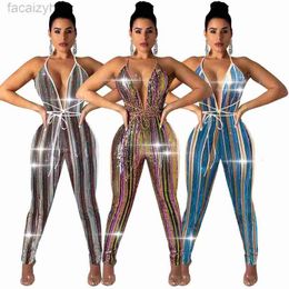 Women's Two Piece Pants Sexy Nightclub Women's Colour Sequins Autumn and Winter Sexy Deep V-Neck Lace up Jumpsuit size plus sexy Sets