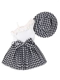 Clothing Sets Toddler Kids Little Girl Summer Dresses One Shoulder Ruffle Houndstooth Ribbed Knit A Line Dress With Sun Hat Formal Outfit