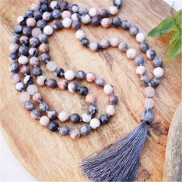 Pendants 8mm Pink Zebra Stone 108 Beads Gemstone Tassel Mala Necklace Couples Hipster Formal Event Religious Unisex Peace Bohemian