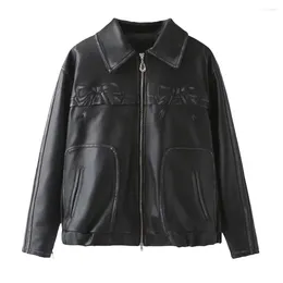 Women's Jackets 2024ZAR Spring/Summer Fashion Loose And Versatile Wash Return Craft Sweet Cool Bow Black Leather Coat