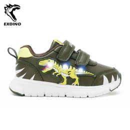 Sneakers EXDINO Baby LED T-REX Leather Autumn New Boys and Girls Flash Sports Shoes Illuminate Dinosaur Childrens Casual Sports Shoes Q240506