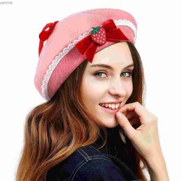 모자 모자 여성 베레트 딸기 활 장식 베레모 모자 프랑스 양모 따뜻한 베레모 의류 액세서리 wx