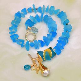 Pendant Necklaces G-G 19" Natural Blue Glass Quartz Electroplate Gold Colour Plated Keshi Pearl Necklace CZ Starfish Charms For Women