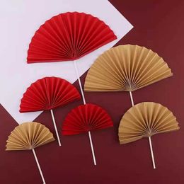 3PCS Candles Red Fan Happy Birthday Cake Decoration Origami Fan Party Cake Pink Fan Card Insertion Flag Princess Activity Paper Folding Fan
