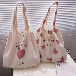 Totes 2024 Fashion Canvas Tote Bag Purses And Handbags For Women Shopper Cute Designer Shoulder Japanese Style Peach Print Eco