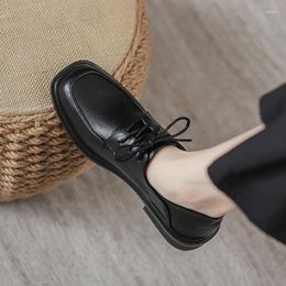 Casual Shoes British Lace-Up Oxfords Ladies Solid Small Leather Woman Square Toe FLATS Thick Low Heel Daily Office Femmes Loafers