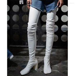 Boots 2024 Winter White Slim Round Heels Over The Knee For Women Square Toe Thigh High Sexy Fashion Long Botas De Mujer