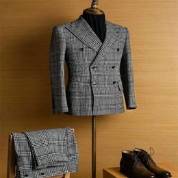 Parçalar Houndstooth Özel En Yeni Formal 2 Erkek Made Man Modern Lapel Çifte Kesilmiş Düğün Smokin İş Kat+Pantolon