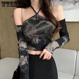 Women's T-Shirt Tie dye long sleeved T-shirt for womens weight loss one line collar shoulder strap short top summer Y2K Gothic backless sexy topL2405