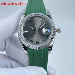 New brand AAA automatic grey dial Roman numbers green rubber strap watch