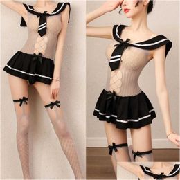 Anime Costumes Schoolgirl Sexy Cosplay Costume Women Erotic Sheer Fishnet Lingerie Mini Dress Student Stripes Uniform With Stockings Dh0Cq