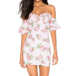 Casual Dresses 2024 Summer Off Shoulder Floral Short Women French Puff Sleeve Strapless Dress Elegant Sweet Girls Holiday Party