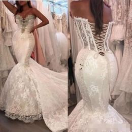 Mermaid Back Corset Vintage Dresses Beaded Crystal Sweetheart Neckline Lace Applique Cathedral Train Wedding Bridal Gown