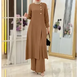 Ethnic Clothing Muslim Islamic Dubai Women's Two-piece Set Fashionable And Elegant Solid Color Irregular Long Shirt Top Wide Leg Pants Robe