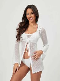 Women Beach Wear Beach Cover Up for Women Crochet Knit Front Slit Tie Waist Bikini Bathing Suit Sexy Long Slve S Through Cover Ups Y240504