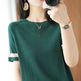 Women's T-Shirt 2024 New Summer Super Large Elegant Fashion Solid Colour Retro Korean Style Womens T-shirt Loose O-neck Short Sleeves Unique TopL2405