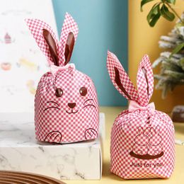 Gift Wrap AQ Pink White Checkered Arrangement Two Little Rabbits Cute Brown Line Decor Party DIY Ribbon Drawstring Bag