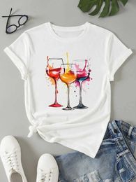 Women's T-Shirt Rainbow wine glass pattern printed womens T-shirt summer casual clothing street hip-hop short sleeved breathable comfortable T-shirtL2405