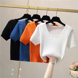 Women's T Shirts White Knitted Short Sleeve Shirt Summer Thin Slim High Waisted Ice Silk Top Solid O-Neck All-Matched Tee