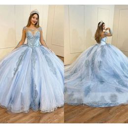 With Quinceanera Dresses Light Blue Long Sleeves Lace Applique Ball Gown Scoop Neck Sweet 16 Birthday Party Prom Formal Evening Wear Vestidos