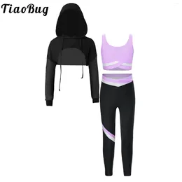 Running Sets TiaoBug Kids Girls 6 To 16 Years Sports Set Patchwork Long Sleeve Cropped Hoodie With Contrast Color Sleeveless Vest Leggings