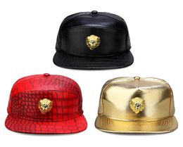 Metal Gold Lion Head Logo PU Leather Baseball Cap Casual Unisex Belt Buckle Hip Hop Rap 3 Panel Sun Snapback Hats Men Women253Y7837849