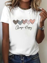 Women's T-Shirt Heart Happy Letter Print T-shirt cute short sleeved crew neckline top womens clothingL2405